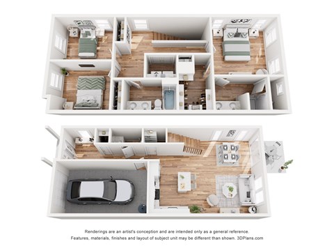 A 3D floor plan of a house with two bedrooms, a living room, a kitchen, a bathroom, and a garage.
